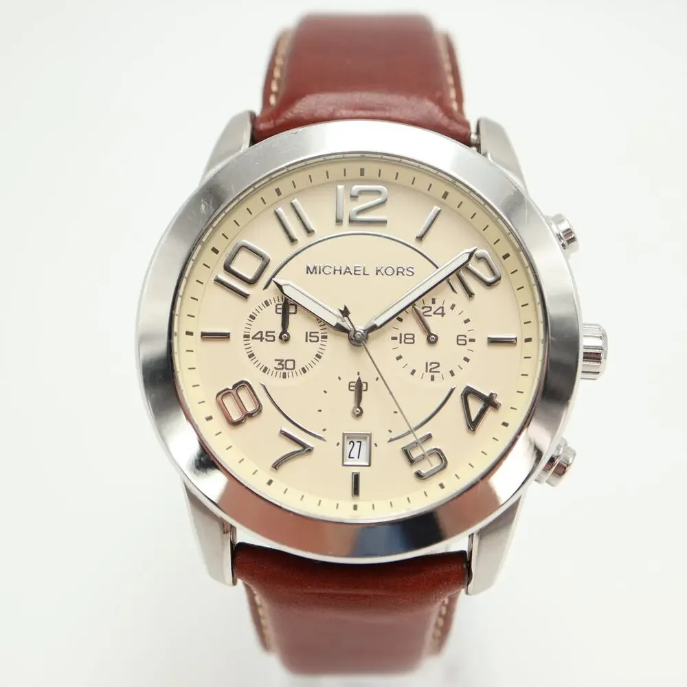 Michael Kors Mercer Men's 45mm Beige Chronograph Watch Brown Leather MK8292